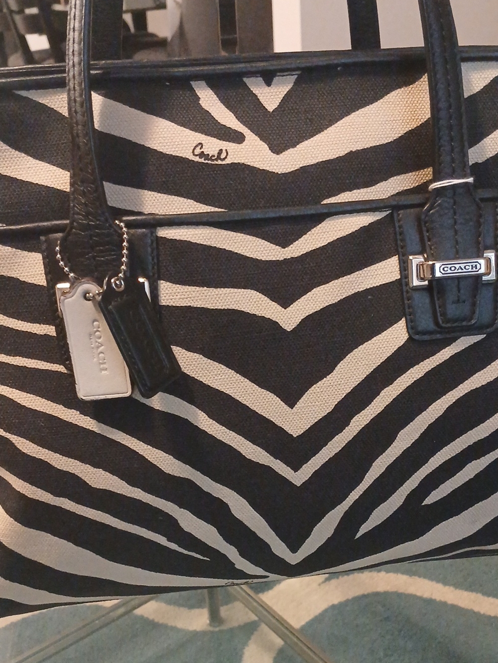 Coach Taylor Zebra-Print Carryall Canvas And Leather Tote - Picture 2 of 12